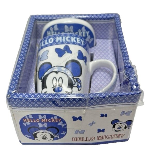 Hello Mickey Small Tea Cup With Lid Blue & White Mickey Mouse Coffee Cup/Mug New - Picture 8 of 8